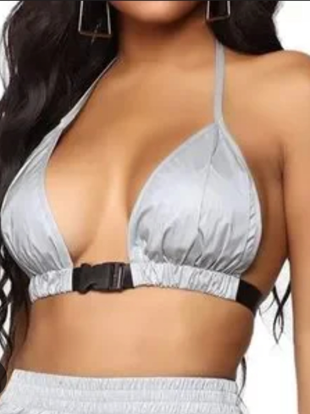 Festival Wear Satin/Sparkle Silver Triangle Halter Bralette w. Front Buckle